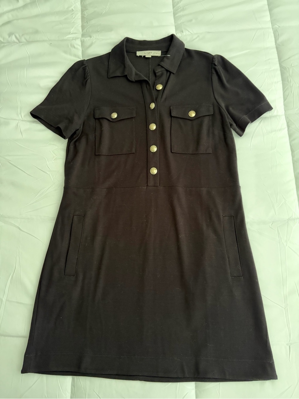 Loft 8 Petite black dress collar gold buttons pockets ponte